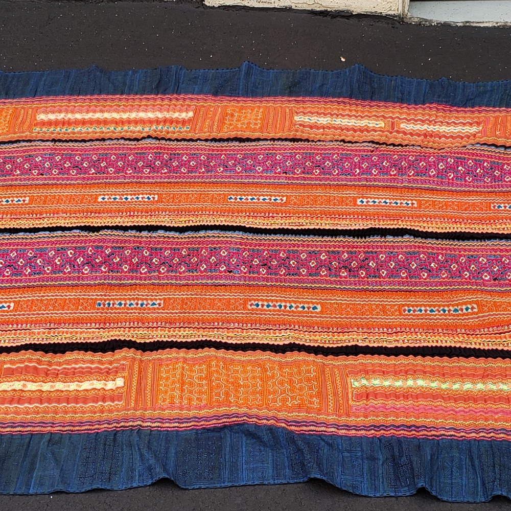 Vintage Blanket South East Asia Hand Embroidered Batik Textile Indigo Dyed 1970s